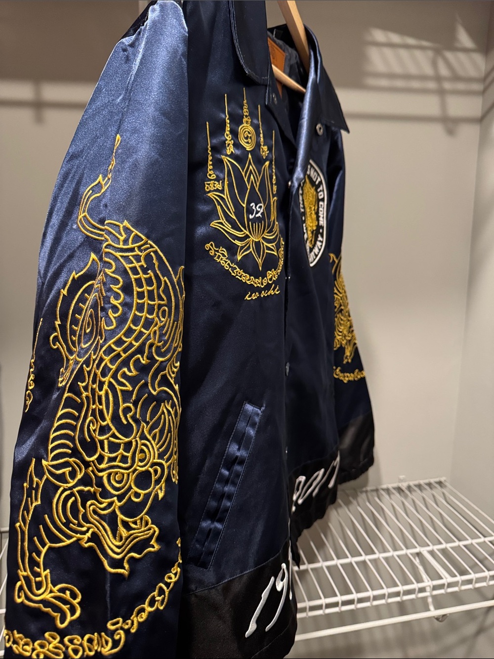 Navy Satin Embroidered Jacket with Gold Accents - Picture 4 of 6